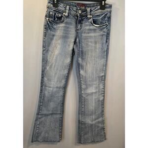 Bongo Jeans Distressed 3 Low Rise Flare Leg Embroidered Pockets Vintage 28x29"